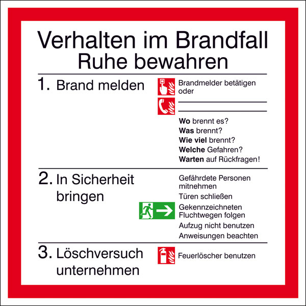 Hinweisschild "Verhalten im Brandfall"
