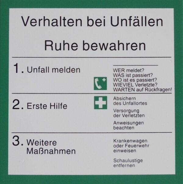 Hinweisschild "Verhalten bei Unfällen"